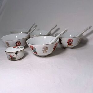 Tatung Rice Bowl Set 5 Porcelain Bowls With Spoons Chinese Figural Gold Trim‎
